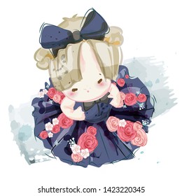 Hand drawn beautiful, cute, little girl. Vector illustration