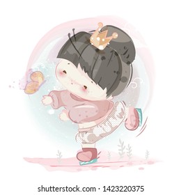 Hand drawn beautiful, cute, little girl. Vector illustration
