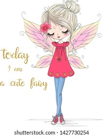 Hand drawn beautiful cute little fairy girl with wings and sneakers. Vector illustration.