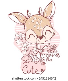 Hand drawn beautiful cute little baby deer with flowers vector illustration, cartoon character sketch.  Print design for kids fashion.