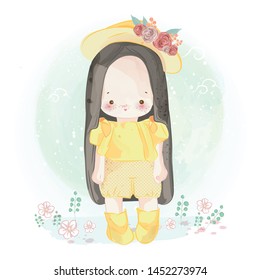 Hand drawn beautiful, cute, little girl. Vector illustration