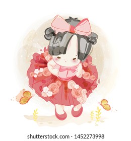 Hand drawn beautiful, cute, little girl. Vector illustration