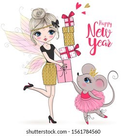 Hand drawn beautiful cute little winter fairy girl with a present, and mouse ballerina and the words Happy New Year. Vector illustration.