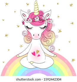 Hand drawn beautiful cute little Unicorn girl yogi in lotus position. Vector illustration.