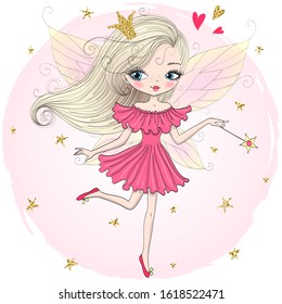 Hand drawn beautiful cute little fairy girl with a Magic wand. Vector illustration.