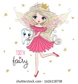 Hand drawn beautiful cute little tooth fairy princess girl with a tooth. Vector illustration.