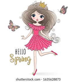 Hand drawn beautiful cute little spring princess girl with a butterfly. Vector illustration.