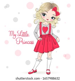 Hand drawn beautiful, cute, little Princess girl. Vector illustration.