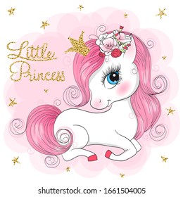 Hand drawn beautiful cute little unicorn girl with flowers on her head. Vector illustration.