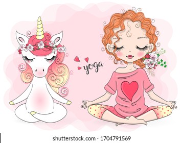 Hand drawn beautiful cute little Unicorn and little girl yogi in lotus position. Vector illustration.