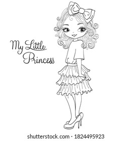 Hand drawn beautiful, cute, little curly girl in mother's shoes sketch. Vector illustration.