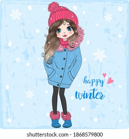 Hand Drawn Beautiful Cute Little Winter Girl On Background With Inscription Happy Winter. Vector Illustration.