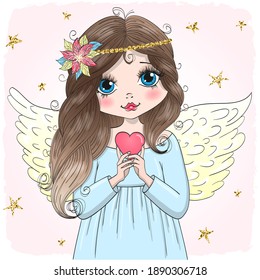 Hand drawn beautiful cute little angel girl with a heart. Vector illustration.