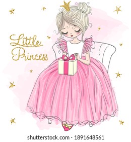 Hand drawn beautiful cute little princess girl with crown and gift. Vector illustration.