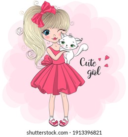 Hand drawn beautiful, cute, little blonde girl with pretty cat on the background with words Cute girl. Vector illustration.