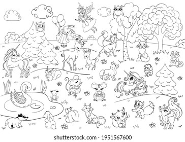 Hand drawn beautiful cute little fairy girl with animals. Vector illustration coloring book.