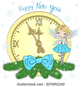 Hand drawn beautiful cute little winter fairy girl on the big clock with words Happy New Year. Vector illustration.