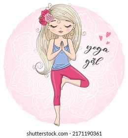 Hand drawn beautiful cute little girl yogi in tree position. Vector illustration.