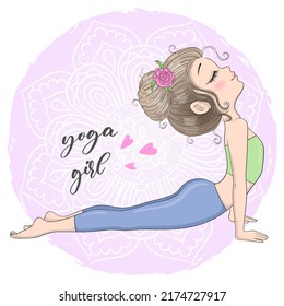 Hand drawn beautiful cute little girl yogi in cobra position. Vector illustration.