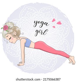 Hand drawn beautiful cute little girl yogi in plank position. Vector illustration.