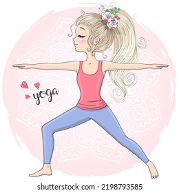 Hand drawn beautiful cute little girl yogi in warrior position. Vector illustration.