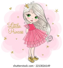 Hand drawn beautiful cute little princess girl. Vector illustration.