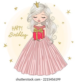 Hand drawn beautiful cute little princess girl with crown and gift. Vector illustration.