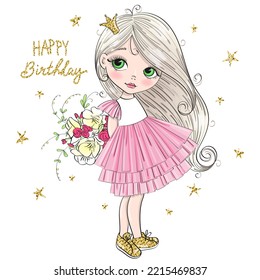 Hand drawn beautiful cute little princess girl with crown and flowers. Vector illustration.
