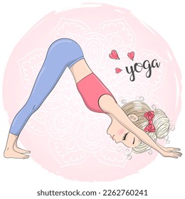 Hand drawn beautiful cute little girl yogi in Downward-Facing Dog (Adho Mukha Svanansana) position. Vector illustration.