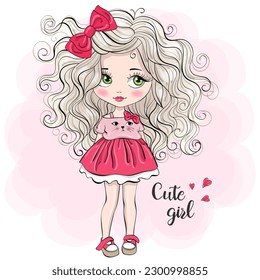 Hand drawn beautiful cute little princess girl with bow. Vector illustration.