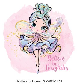 Hand drawn beautiful cute little fairy girl with wings and wand. Vector illustration.