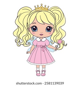 Hand drawn beautiful cute little fairy girl with wings and flowers. Vector illustration.