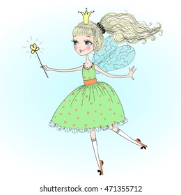 Hand drawn beautiful cute little fairy with a magic wand. Vector illustration.