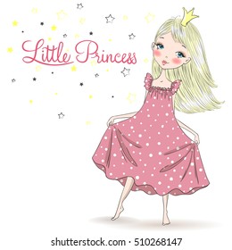 Hand drawn beautiful, cute, little girl Princess in a nightgown. Vector illustration.