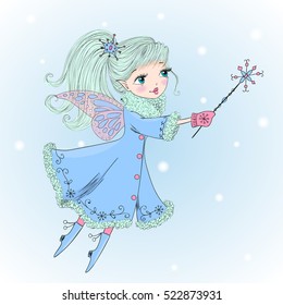 Hand drawn beautiful cute little winter fairy with a magic wand. Vector illustration.