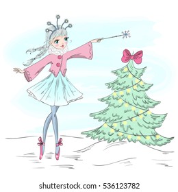 Hand drawn beautiful cute little winter fairy with a magic wand and Christmas tree. Vector illustration.
