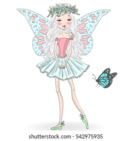 Hand drawn beautiful cute little fairy ballerina with a butterfly. Vector illustration.