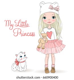 Hand drawn beautiful, cute, little blonde girl with freckles and pretty cat on the background with words My Little Princess. Vector illustration.
