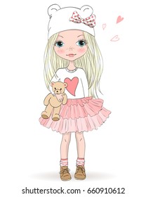 Hand drawn beautiful, cute, little blonde girl with freckles and teddy bear. Vector illustration.