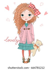 Hand drawn beautiful, cute, little curly red-haired girl with freckles and teddy bear. Vector illustration.