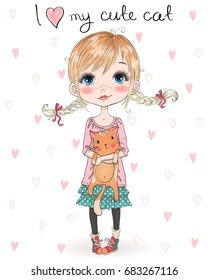 Hand drawn beautiful, cute, little girl with pretty cat. Vector illustration.