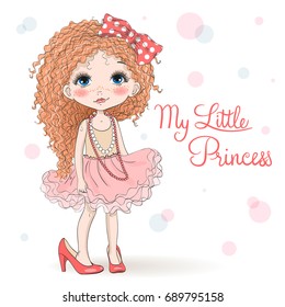 Hand drawn beautiful, cute, little curly red-haired girl in mother's shoes. Vector illustration.