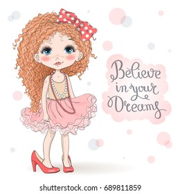 Hand drawn beautiful, cute, little curly red-haired girl in mother's shoes. Vector illustration.