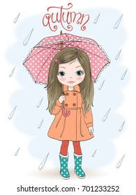 Hand drawn beautiful cute little girl with umbrella on background with an inscription autumn. Vector illustration.