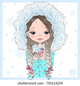 Hand drawn beautiful cute little winter girl with a bird. Vector illustration.