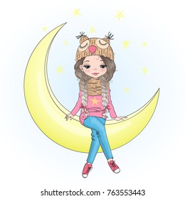 Hand drawn beautiful, cute, little girl is sitting on the moon. Vector illustration.