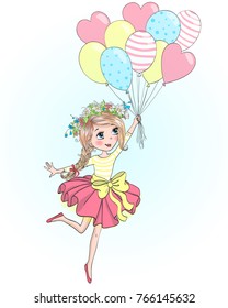 Hand drawn beautiful, cute, little girl is flying on balloons. Vector illustration.