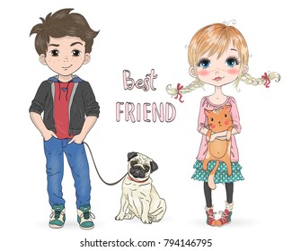 Hand drawn beautiful, cute, little girl with pretty cat and cartoon boy with dog pug. Vector illustration.