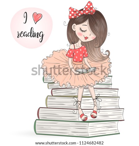 Hand drawn beautiful, cute, little girl is sitting on books and reading. Vector illustration.