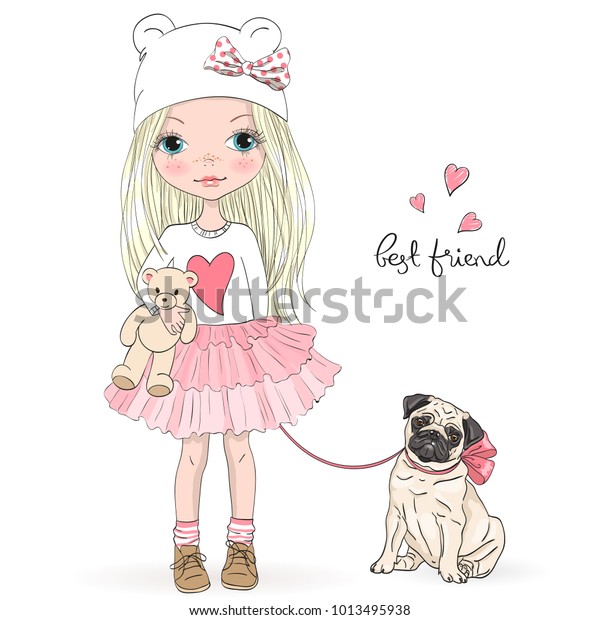 手描きの美しく かわいく かわいい かわいい犬のパグを持つ少女 ベクターイラスト のベクター画像素材 ロイヤリティフリー